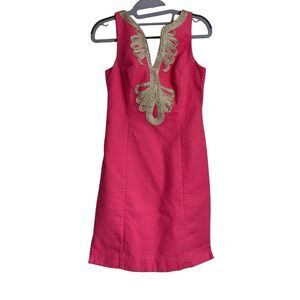 Lilly Pulitzer Womens Gold Embroidered Janice Shift Dress Neon Coral Size 0